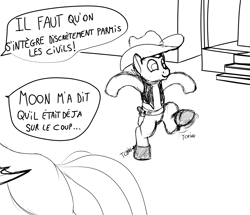 Size: 2772x2380 | Tagged: safe, artist:justapone, oc, oc only, oc:lunaera fangs, oc:moon bright, bat pony, pony, belt, boots, cowboy boots, cowboy hat, female, gun, hat, male, monochrome, shoes, sketch, smiling, speech bubble, translated in the description, walking, weapon