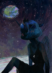 Size: 2059x2912 | Tagged: safe, artist:wolfiedrawie, nightmare moon, alicorn, anthro, g4, clothes, crown, curved horn, dress, earth, female, horn, jewelry, lonely, moon, necklace, regalia, sitting, solo