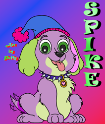 Size: 1748x2065 | Tagged: safe, artist:puffydearlysmith, spike, dog, rainbow rocks 10th anniversary, equestria girls, g4, chest fluff, collar, cute, cute little fangs, fangs, gradient background, hat, male, party hat, solo, spikabetes, spike the dog, spiked collar, tail, tail wag, tongue out