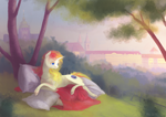 Size: 2480x1755 | Tagged: safe, artist:wolfiedrawie, oc, oc only, oc:miss libussa, pony, unicorn, female, horn, lidded eyes, lying down, mare, on side, pillow, scenery, solo, tree, under the tree