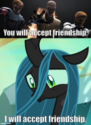 Size: 500x684 | Tagged: safe, edit, edited screencap, screencap, queen chrysalis, g4, my little pony: friendship is magic, to where and back again, ahsoka tano, anakin skywalker, caption, funny, hilarious in hindsight, image macro, imgflip, jedi mind trick, mace windu, meme, obi wan kenobi, star wars, star wars: the clone wars, text