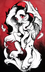 Size: 2000x3176 | Tagged: safe, artist:paipaipai163, fluttershy, bat pony, pony, g4, bat ponified, black and white, fangs, feather, female, flutterbat, flying, full body, gradient background, grayscale, mare, monochrome, race swap, red background, solo