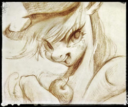 Size: 750x627 | Tagged: source needed, safe, artist:paipaipai163, applejack, earth pony, pony, g4, apple, cowboy hat, female, food, hat, hoof hold, mare, monochrome, pointing, solo