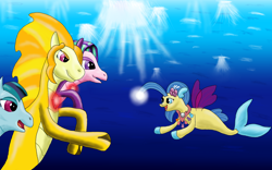 Size: 2560x1600 | Tagged: safe, artist:jack-varus, adagio dazzle, aria blaze, princess skystar, sonata dusk, seapony (g4), siren, rainbow rocks 10th anniversary, equestria girls, g4, my little pony equestria girls: rainbow rocks, my little pony: the movie, bioluminescent, bubble, crepuscular rays, dorsal fin, female, fin, fin ears, fin wings, fins, fish tail, flowing mane, flowing tail, gem, high res, jewelry, lidded eyes, looking at each other, looking at someone, necklace, ocean, open mouth, open smile, pearl necklace, scales, seashell, seashell necklace, siren gem, smiling, smiling at each other, sunlight, swimming, tail, underwater, water, wings