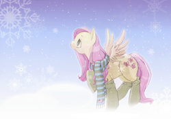 Size: 1713x1200 | Tagged: safe, artist:wolfiedrawie, fluttershy, pegasus, pony, g4, clothes, female, mare, scarf, snow, snowfall, socks, solo, spread wings, striped scarf, wings