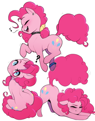 Size: 3500x4474 | Tagged: safe, artist:captainpudgemuffin, pinkie pie, earth pony, pegasus, pony, g4, anklet, behaving like a cat, blushing, both cutie marks, chest fluff, choker, chokerpie, concave belly, cute, diapinkes, dock, ear piercing, earring, emanata, eyebrows, eyebrows visible through hair, eyes closed, face down ass up, female, floppy ears, hair over one eye, hair tie, head tilt, high res, looking at you, looking back, looking back at you, looking up, looking up at you, mare, music notes, open mouth, piercing, question mark, raised tail, scrunchie, simple background, singing, sitting, sitting on tail, smiling, solo, stray strand, stretching, tail, white background