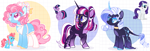 Size: 5465x1874 | Tagged: safe, artist:crem-shop, cup cake, rarity, twilight sparkle, oc, alicorn, earth pony, pony, unicorn, g4, adoptable, blank flank, blue coat, blue eyes, blue eyeshadow, blue hooves, body markings, bow, chokerarity, closed mouth, clothes, colored pinnae, colored pupils, constellation, constellation freckles, cracks, crystal horn, curved horn, diamond, ear piercing, earring, eyeshadow, facial markings, food, freckles, glasses, gold jewelry, gradient legs, hair bow, heart, horn, jewelry, leg markings, leonine tail, lidded eyes, long fetlocks, makeup, missing cutie mark, one leg raised, open mouth, piercing, pink eyes, pink hair, ponytail, redesign, shiny hooves, smiling, socks, sprinkles, standing, stars, tail, thick eyebrows, thigh highs, three toned hair, trio, unicorn twilight, unshorn fetlocks, white hair, white hooves, yellow hooves