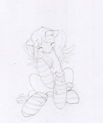 Size: 1200x1444 | Tagged: safe, artist:wolfiedrawie, oc, oc only, oc:wolfie drawie, pegasus, pony, black and white, clothes, female, grayscale, mare, monochrome, sitting, sketch, socks, solo, spread wings, striped socks, traditional art, wings