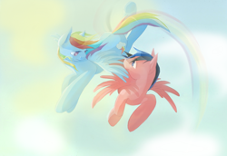 Size: 2902x1997 | Tagged: safe, artist:wolfiedrawie, rainbow dash, oc, pegasus, pony, g4, duo, female, flying, looking at each other, looking at someone, male, mare, stallion