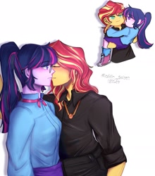 Size: 1661x1890 | Tagged: safe, artist:eddin_sciset, sci-twi, sunset shimmer, twilight sparkle, equestria girls, g4, duo, duo female, female, holding, kissing, lesbian, ship:sci-twishimmer, ship:sunsetsparkle, shipping, simple background, white background