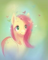 Size: 655x806 | Tagged: safe, artist:wolfiedrawie, fluttershy, butterfly, pegasus, pony, g4, abstract background, female, mare, solo