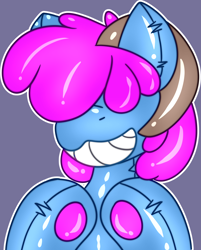 Size: 2354x2925 | Tagged: safe, artist:askhypnoswirl, oc, oc only, oc:bliss, oc:puffy bliss, earth pony, inflatable pony, pony, pooltoy pony, bust, fetish, forced smile, goat horns, horns, icon, inflatable, pool toy, smiling, solo, transformation