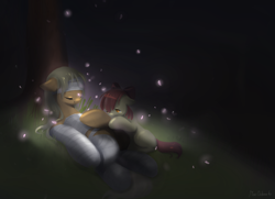 Size: 2484x1803 | Tagged: safe, artist:wolfiedrawie, apple bloom, applejack, earth pony, pony, g4, bandage, bow, cast, duo, eyes closed, fanfic art, female, filly, foal, hair bow, lying down, mare, sad, tree