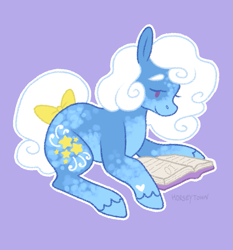 Size: 695x745 | Tagged: safe, artist:greengrizz, starbeam, earth pony, pony, g3, 2021, alternate design, alternate hairstyle, alternate tailstyle, blue eyelashes, blue fur, blue hooves, book, bow, coat markings, colored, colored eyebrows, colored eyelashes, colored lineart, cutie mark, digital art, dot eyes, eyelashes, female, flat colors, heart, heart mark, leg markings, looking at something, lying down, mare, open book, outline, profile, purple background, purple eyes, reading, signature, simple background, smiling, solo, tail, tail accessory, tail bow, unshorn fetlocks, white mane, white tail, yellow bow