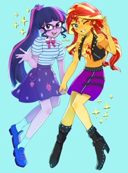 Size: 1233x1668 | Tagged: safe, artist:nigu_illust, sci-twi, sunset shimmer, twilight sparkle, equestria girls, g4, blue background, clothes, cute, cyan background, duo, duo female, female, glasses, happy, looking at you, one eye closed, ponytail, shimmerbetes, simple background, skirt, smiling, smiling at you, twiabetes, vest