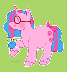 Size: 695x745 | Tagged: safe, artist:greengrizz, buttons (g1), earth pony, pony, unicorn, g1, 2021, alternate design, alternate hairstyle, alternate tailstyle, bow, chubby, colored, colored lineart, doodle, dot eyes, female, flat colors, glasses, green background, heart, heart mark, horn, mare, outline, pincushion, pink bow, raised hoof, round glasses, signature, simple background, solo, standing, standing on three hooves, straight mane, straight tail, tail, tail accessory, tail bow, two toned mane, two toned tail, unshorn fetlocks