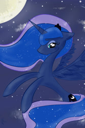 Size: 2000x3000 | Tagged: safe, artist:tractaresolidum, princess luna, alicorn, g4, 2014, blue eyes, blue fur, blue mane, blue tail, blue wings, cloud, colored, cutie mark, digital art, eyelashes, feathered wings, female, flying, horn, jewelry, long mane, long tail, moon, night, old art, outdoors, royalty, shading, sky, stars, tail, tiara, wings