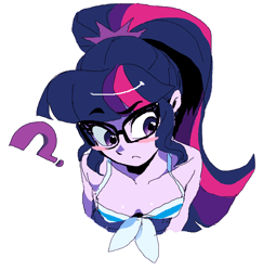 Size: 1165x1200 | Tagged: safe, artist:cheesesauce_45, sci-twi, twilight sparkle, human, equestria girls, g4, bare shoulders, blush sticker, blushing, breasts, bust, busty twilight sparkle, clothes, eyebrows, eyebrows visible through hair, female, looking offscreen, one-piece swimsuit, question mark, sci-twi swimsuit, simple background, sleeveless, solo, swimsuit, white background