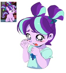 Size: 1091x1200 | Tagged: safe, artist:cheesesauce_45, starlight glimmer, human, equestria girls, g4, big eyes, blush sticker, blushing, bust, cute, female, filly, filly starlight glimmer, glimmerbetes, open mouth, sad, sadorable, screencap reference, simple background, solo, teary eyes, white background, younger