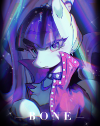 Size: 2000x2530 | Tagged: safe, artist:不可食用骨, coloratura, earth pony, pony, g4, bust, clothes, eye clipping through hair, female, jacket, mare, portrait, solo, text