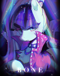 Size: 2000x2530 | Tagged: safe, alternate version, artist:不可食用骨, coloratura, earth pony, pony, g4, bust, clothes, eye clipping through hair, female, jacket, mare, portrait, solo, text