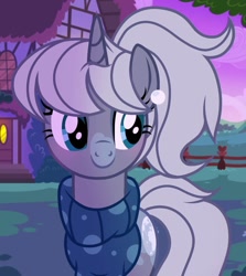 Size: 1220x1368 | Tagged: safe, artist:cstrawberrymilk, screencap, oc, oc only, oc:silver moon, pony, unicorn, base used, blushing, clothes, cloud, coat markings, cute, eye markings, eyelashes, facial markings, facing you, female, female oc, grass, gray coat, gray mane, gray tail, horn, house, looking away, mare, mare oc, night, ocbetes, outdoors, pink sky, ponytail, ponyville, screencap background, show accurate, smiling, snip (coat marking), solo, sweater, teal eyes, tied mane, tree, turtleneck, turtleneck sweater, unicorn horn, unicorn oc