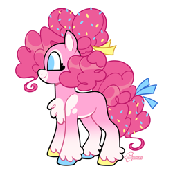 Size: 2048x2048 | Tagged: safe, artist:3ggmilky, part of a set, pinkie pie, earth pony, pony, g4, alternate accessories, alternate design, alternate hairstyle, alternate tailstyle, blue bow, bow, chest fluff, colored, colored belly, colored hooves, colored muzzle, colored pinnae, curly mane, curly tail, eye markings, eyelashes, female, flat colors, gradient legs, hooves, leg markings, mare, mismatched hooves, missing cutie mark, multicolored hooves, no catchlights, no pupils, pale belly, pale muzzle, profile, redesign, shiny mane, shiny tail, signature, simple background, smiling, solo, sprinkles in mane, sprinkles in tail, standing, tail, tail bow, tied mane, white background, white belly