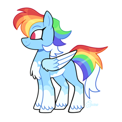 Size: 2048x2048 | Tagged: safe, artist:3ggmilky, part of a set, rainbow dash, pony, g4, alternate design, alternate hairstyle, alternate mane color, alternate tail color, blue wings, chest fluff, colored, colored belly, colored hooves, colored wings, colored wingtips, eye markings, eyelashes, female, flat colors, folded wings, hooves, large wings, mare, missing cutie mark, no catchlights, no pupils, pale belly, profile, redesign, shiny mane, shiny tail, signature, simple background, smiling, solo, standing, white background, white belly, white hooves, white wingtips, wing fluff, wings