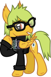 Size: 798x1189 | Tagged: safe, artist:lightningbolt, derpibooru exclusive, pegasus, pony, .svg available, alex gaskarth, all time low, butt fluff, cheek fluff, clothes, dyed mane, dyed tail, ear fluff, folded wings, glasses, hood down, hoodie, hoof fluff, lidded eyes, lip bite, long sleeves, looking back, male, ponified, raised hoof, raised leg, show accurate, simple background, solo, stallion, standing, svg, tail, tail feathers, tattoo, transparent background, vector, wing fluff, wings