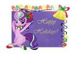 Size: 800x654 | Tagged: safe, artist:tractaresolidum, starlight glimmer, pony, unicorn, g4, 2016, bell, chest fluff, clothes, ear fluff, female, flower, flower in hair, glowing, glowing horn, happy holidays, horn, lens flare, old art, open mouth, smiling, socks, solo