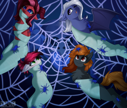 Size: 2500x2124 | Tagged: safe, artist:rinikka, oc, oc only, oc:adena emberheart, oc:siren, oc:violet seren, earth pony, pegasus, spider, undead, vampire, vampony, bondage, fangs, female, gag, mummification, pegasus oc, spider web, web gag, wrapped up