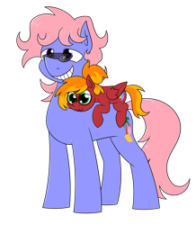 Size: 1668x1917 | Tagged: safe, artist:moonatik, oc, oc only, oc:moonatik, oc:wonder waves, earth pony, pegasus, pony, :3, cute, duo, earth pony oc, female, glasses, hair bun, male, mare, oc riding oc, pegasus oc, ponies riding ponies, riding, riding a pony, simple background, size difference, stallion, sunglasses, transparent background