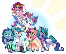 Size: 2371x1943 | Tagged: safe, artist:emera33, hitch trailblazer, izzy moonbow, misty brightdawn, pipp petals, sunny starscout, zipp storm, alicorn, earth pony, pegasus, pony, unicorn, g5, alternate design, amputee, cape, clothes, coat markings, female, flying, freckles, gradient mane, horn, lidded eyes, male, mane five, mane six (g5), mare, one eye closed, open mouth, open smile, prosthetic leg, prosthetic limb, prosthetics, race swap, smiling, spread wings, stallion, standing on two hooves, sunnycorn, wings