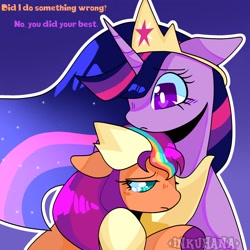 Size: 2048x2048 | Tagged: safe, artist:inkuhana, sunny starscout, twilight sparkle, alicorn, earth pony, pony, g4, g5, consoling, crown, crying, duo, duo female, ears back, end of g5, ethereal mane, female, gradient background, height difference, hoof shoes, hug, jewelry, long mane, older, older twilight, older twilight sparkle (alicorn), princess shoes, princess twilight 2.0, regalia, sad, starry mane, sunny and her heroine, sunny sadscout, teary eyes, twilight sparkle (alicorn)