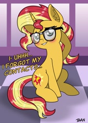 Size: 1538x2137 | Tagged: safe, artist:banquo0, sunset shimmer, pony, unicorn, g4, adorkable, blushing, cute, dialogue, dork, embarrassed, female, glasses, hooves behind head, horn, indoors, mare, nerd pony, shimmerbetes, sitting, smiling, solo, sunset shimmer day, text