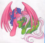 Size: 575x555 | Tagged: safe, artist:kiss-the-thunder, firefly, minty, earth pony, pegasus, pony, g1, g3, 2010, blushing, duo, duo female, female, generational ponidox, hug, looking at each other, looking at someone, mare, simple background, traditional art, white background, winghug, wings