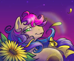 Size: 614x504 | Tagged: safe, artist:kiss-the-thunder, oc, oc only, oc:sunflower (sourdoughstomper), earth pony, pony, g1, 2012, bow, female, flower, g1 oc, lidded eyes, looking at you, mare, petals, sunflower, sunset, tail, tail bow, windswept mane, windswept tail