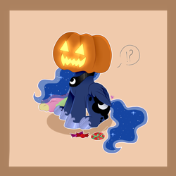 Size: 2000x2000 | Tagged: safe, artist:kathepart, princess luna, alicorn, pony, g4, auction, candies, candy, collar, commission, cute, dialogue, ethereal mane, exclamation point, female, food, halloween, holiday, hoof shoes, jewelry, lollipop, lunabetes, mare, question mark, regalia, solo, starry mane, starry tail, tail, ych example, ych result, your character here