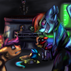 Size: 1695x1695 | Tagged: safe, artist:grimprotector, rainbow dash, scootaloo, oc, oc:aurora dawn, oc:orion comet, oc:wooden toaster, pegasus, fanfic:rainbow factory, g4, abstract background, fanfic art, group, looking at each other, looking at someone, pegasus device