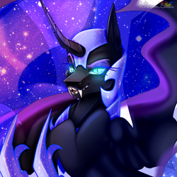 Size: 1000x1000 | Tagged: safe, artist:legendaryshadee, nightmare moon, alicorn, pony, g4, antagonist, big ears, blue eyes, blue mane, bust, crepuscular rays, curved horn, digital art, ethereal mane, eyeshadow, fangs, feather, female, flowing mane, glowing, glowing eyes, grin, hoof shoes, horn, lidded eyes, looking at you, makeup, mare, moonlight, night, peytral, portrait, princess shoes, smiling, smiling at you, smug, solo, sparkles, spread wings, starry mane, starry night, stars, teeth, villainess, wings