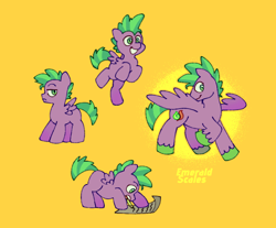 Size: 730x605 | Tagged: safe, artist:driftwoodpony, spike, pegasus, pony, g4, alternate name, colt, foal, grin, male, ponified, ponified spike, simple background, smiling, solo, species swap, spread wings, wings, yellow background