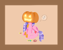 Size: 2500x2000 | Tagged: safe, alternate character, alternate version, artist:kathepart, oc, oc only, oc:hearty love, alicorn, pony, candies, candy, commission, dialogue, exclamation point, food, halloween, holiday, interrobang, pumpkin, pumpkin head, question mark, sitting, solo, ych example, ych result