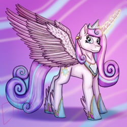 Size: 1280x1280 | Tagged: safe, artist:grimprotector, princess flurry heart, alicorn, earth pony, g4, cheek fluff, concave belly, crown, female, hoof shoes, horn, jewelry, large wings, leg feathers, long horn, magic, magic aura, mare, older, older flurry heart, patterned background, peytral, princess shoes, purple background, regalia, solo, spread wings, sternocleidomastoid, tiara, wings