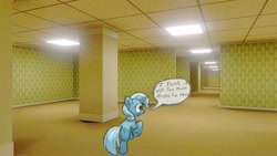 Size: 736x414 | Tagged: safe, artist:trixiebythefanverse, trixie, pony, unicorn, g4, dialogue, female, horn, mare, raised hoof, solo, speech bubble, style clash, the backrooms