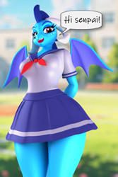 Size: 1000x1500 | Tagged: safe, artist:argos90, princess ember, anthro, g4, 3d, blurry background, clothes, outdoors, school uniform, schoolgirl, skirt