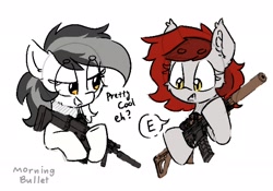 Size: 2000x1400 | Tagged: safe, artist:morningbullet, oc, oc only, oc:noot, oc:reddthebat, bat pony, earth pony, pony, assault rifle, bat pony oc, colored sketch, duo, duo female, earth pony oc, female, fn scar, gun, m4, mare, rifle, scar-l, simple background, sketch, weapon, white background