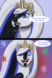 Size: 1667x2500 | Tagged: safe, artist:azurllinate, oc, oc only, oc:pselena five, alicorn, 2024, alicorn oc, black hooves, blue eyes, colored, comic, confident, dialogue, digital art, english, eyebrows, eyebrows visible through hair, eyelashes, female, hooves, horn, jewelry, long mane, playstation, princess, raised eyebrow, royalty, simple background, smiling, speech bubble, stars, talking, teeth, tiara, white mane, wings