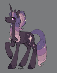 Size: 524x668 | Tagged: safe, artist:beyhr, oc, oc only, oc:queen sugar-pearl dusk, pony, unicorn, g4, alternate universe, bags under eyes, brown coat, brown hooves, coat markings, colored, colored hooves, curly mane, curly tail, eyelashes, female, female oc, flat colors, frown, gray background, hair accessory, heart, heart mark, hooves, horn, long legs, long mane, long tail, looking back, lore in description, mane accessory, mare, mare oc, multicolored mane, multicolored tail, older female, profile, purple eyes, queen, raised hoof, signature, simple background, standing on three hooves, tail, tail accessory, tied mane, unicorn horn, unicorn oc, veil