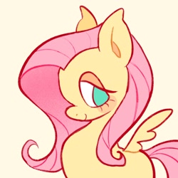 Size: 2048x2048 | Tagged: safe, artist:alexbeeza, fluttershy, pegasus, pony, g4, big ears, blushing, colored, colored pinnae, eyelashes, female, flat colors, green eyes, halfbody, high res, lidded eyes, long mane, looking back, mare, missing cutie mark, pink mane, profile, simple background, small wings, smiling, solo, spread wings, wings, yellow background, yellow coat