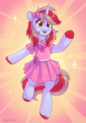 Size: 1809x2580 | Tagged: safe, artist:skysorbett, oc, oc only, oc:cinnamon lightning, pony, unicorn, bell, bell collar, bipedal, bow, clothes, collar, dress, female, hair accessory, horn, mane accessory, mare, open mouth, solo, sparkles, standing, standing on one leg, unicorn oc, unshorn fetlocks